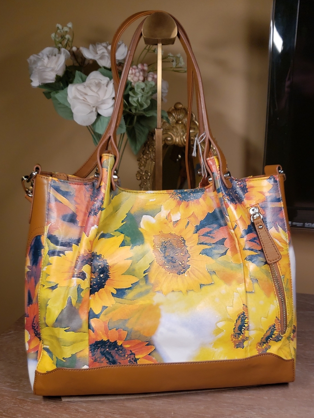Sharif Sunflower Print Canvas & Leather Crossbody Tote (Retail $260) - Picture 5 of 12
